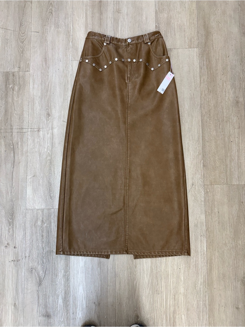 NWT Brown Studded Faux Leather Open Leg Skirt Women Sz S